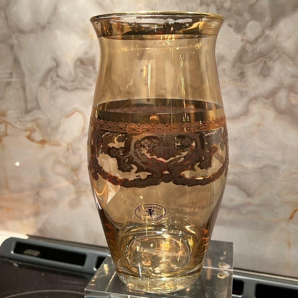 8” Vintage J. Preziosi Gold Ornate Banded Top Gold Glass Vase Made in Italy